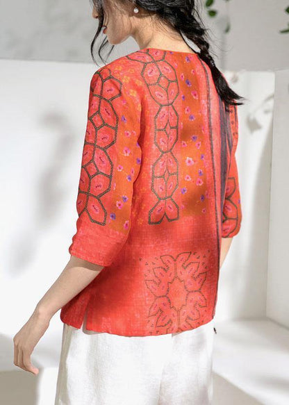 V Neck Half Sleeve Linen Blouse Shirts Red Print Top
