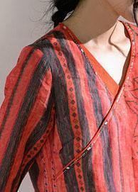 V Neck Half Sleeve Linen Blouse Shirts Red Print Top