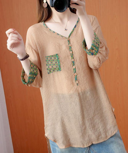 Chic v neck patchwork fall Tunic Tops khaki top