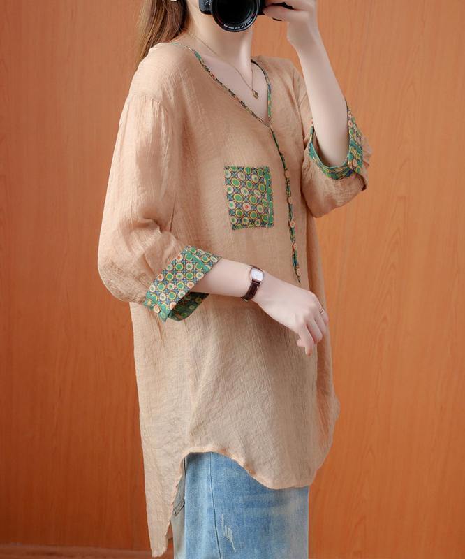 Chic v neck patchwork fall Tunic Tops khaki top