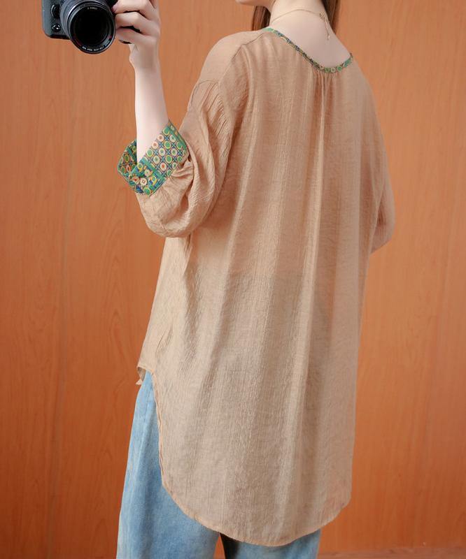 V Neck Patchwork Fall Tunic Tops Khaki Top