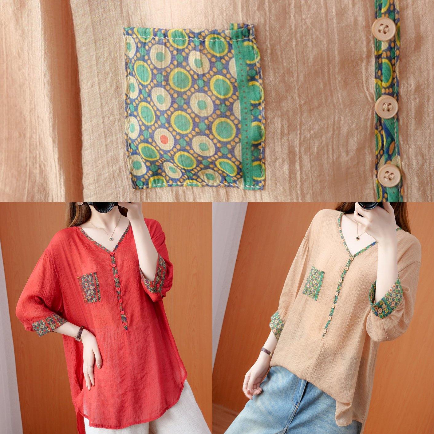 Chic v neck patchwork fall Tunic Tops khaki top