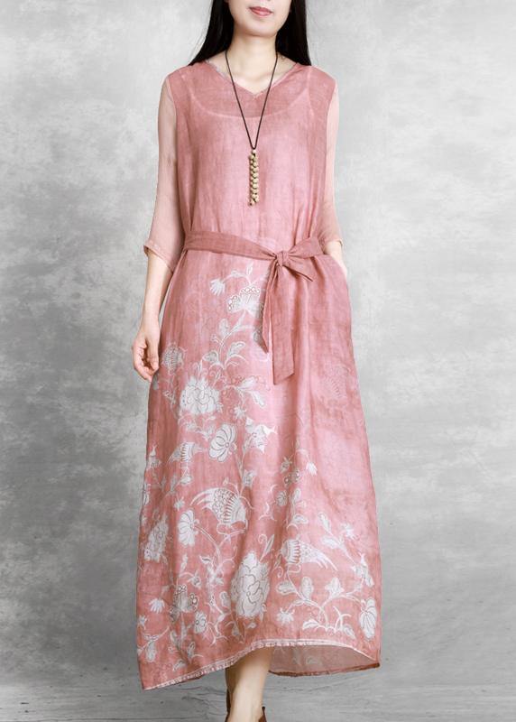 V Neck Tie Waist Wardrobes Catwalk Pink Print Dress