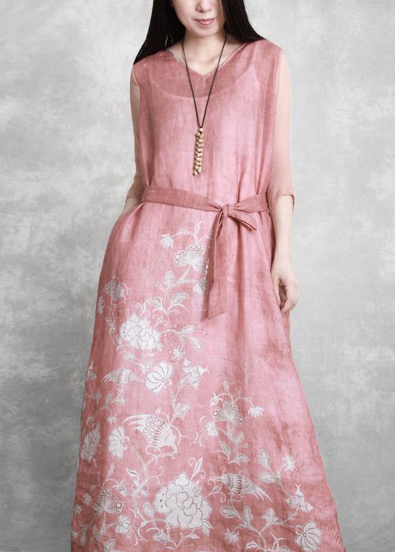 V Neck Tie Waist Wardrobes Catwalk Pink Print Dress