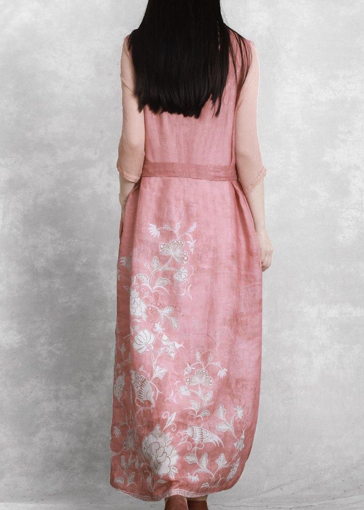 V Neck Tie Waist Wardrobes Catwalk Pink Print Dress