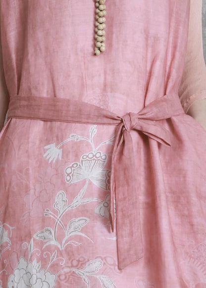 V Neck Tie Waist Wardrobes Catwalk Pink Print Dress