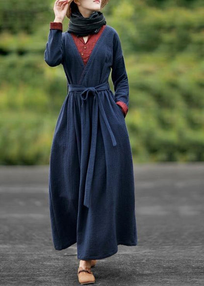 V Neck Tie Waist Spring Robes Tunic Blue Dresses