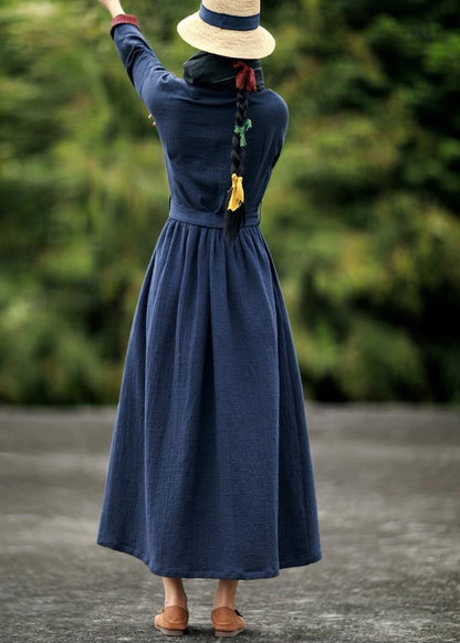 V Neck Tie Waist Spring Robes Tunic Blue Dresses
