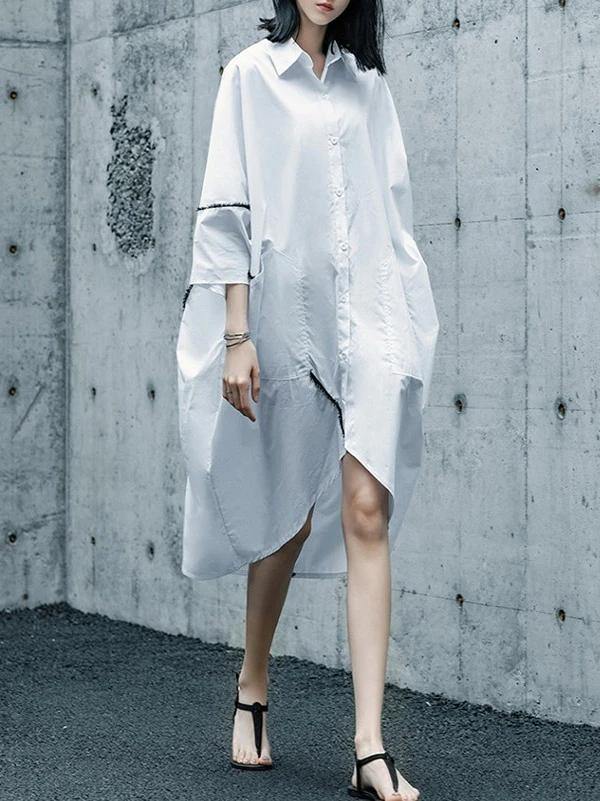 White Cotton Tunics for Lapel Asymmetric Daily Shirt Dresses