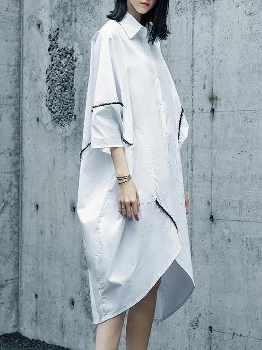 White Cotton Tunics for Lapel Asymmetric Daily Shirt Dresses