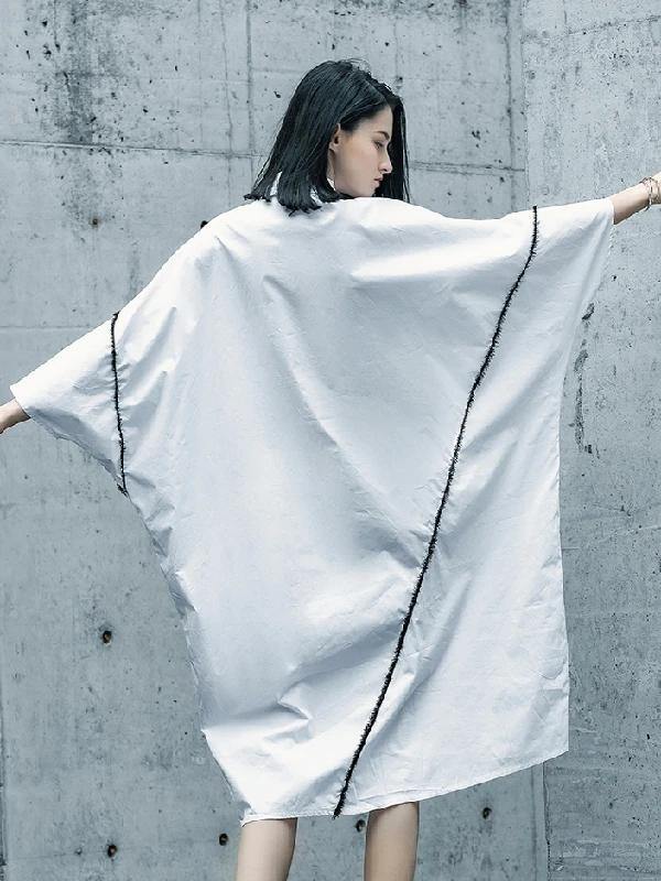 White Cotton Tunics for Lapel Asymmetric Daily Shirt Dresses