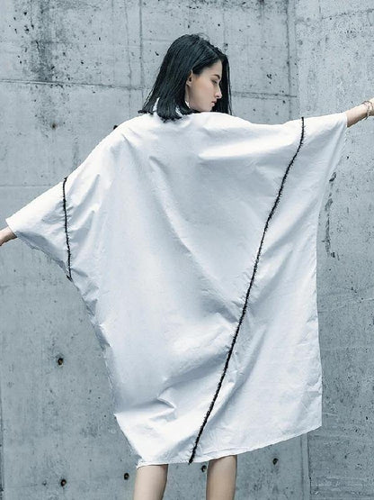 White Cotton Tunics for Lapel Asymmetric Daily Shirt Dresses