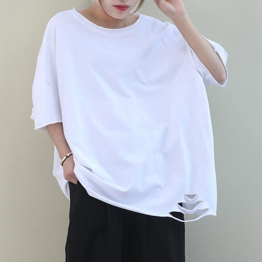 White Cotton Crane Tops O Neck Hole Oversized Shirt
