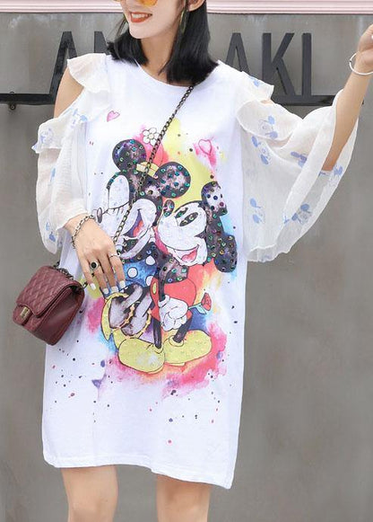 White Prints Cotton Quilting Clothes Flare Sleeve Knee Summer Dress