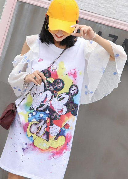 White Prints Cotton Quilting Clothes Flare Sleeve Knee Summer Dress