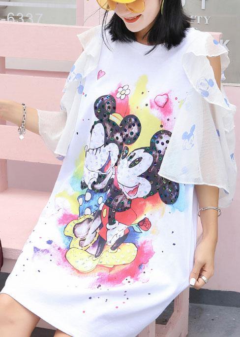 White Prints Cotton Quilting Clothes Flare Sleeve Knee Summer Dress