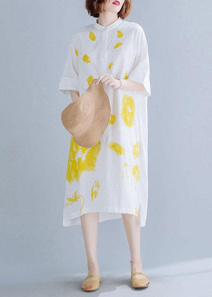 White Prints Linen Dresses Stand Collar Maxi Summer Dress