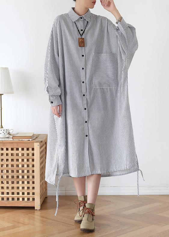 White Striped Outfit Lapel Batwing Sleeve Art Fall Dress