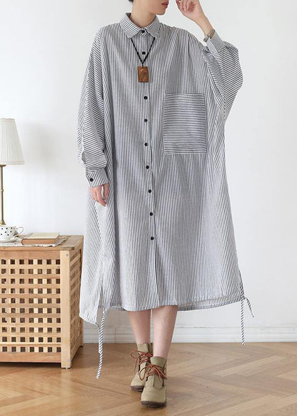 White Striped Outfit Lapel Batwing Sleeve Art Fall Dress