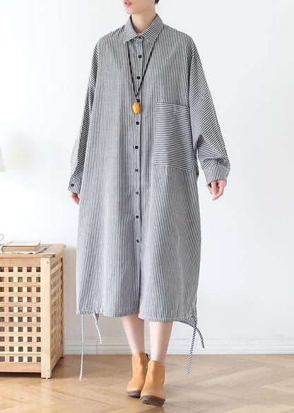 White Striped Outfit Lapel Batwing Sleeve Art Fall Dress