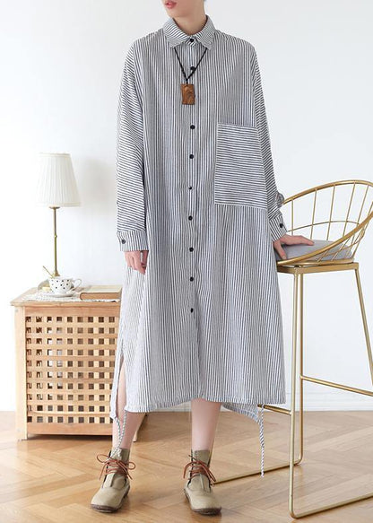 White Striped Outfit Lapel Batwing Sleeve Art Fall Dress