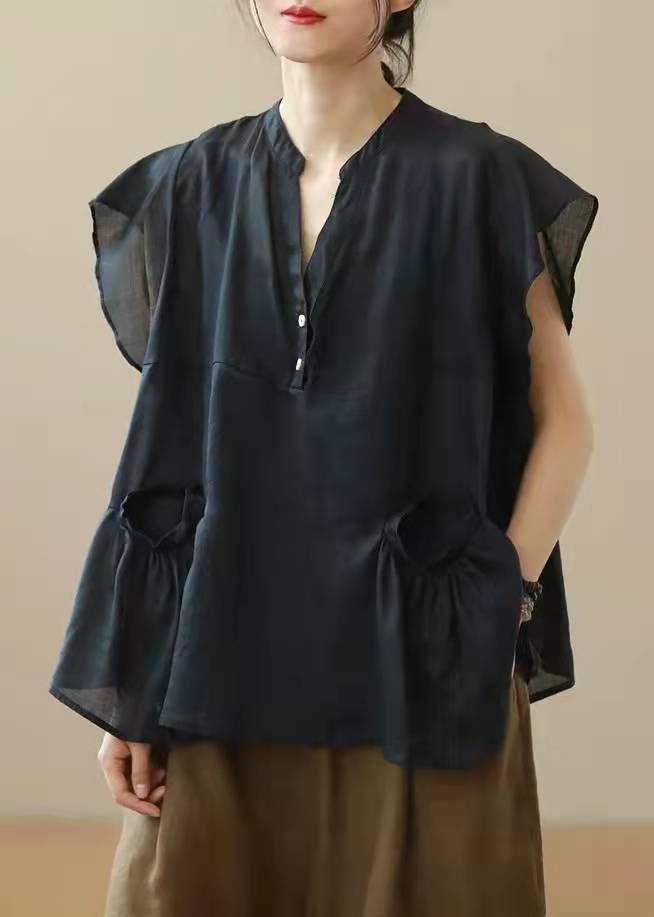 Black V Neck Patchwork Fall Shirt Top Short Sleeve