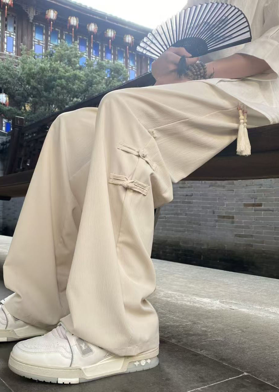 Chinese Style Apricot Button Elastic Waist Ice Silk Pants Spring