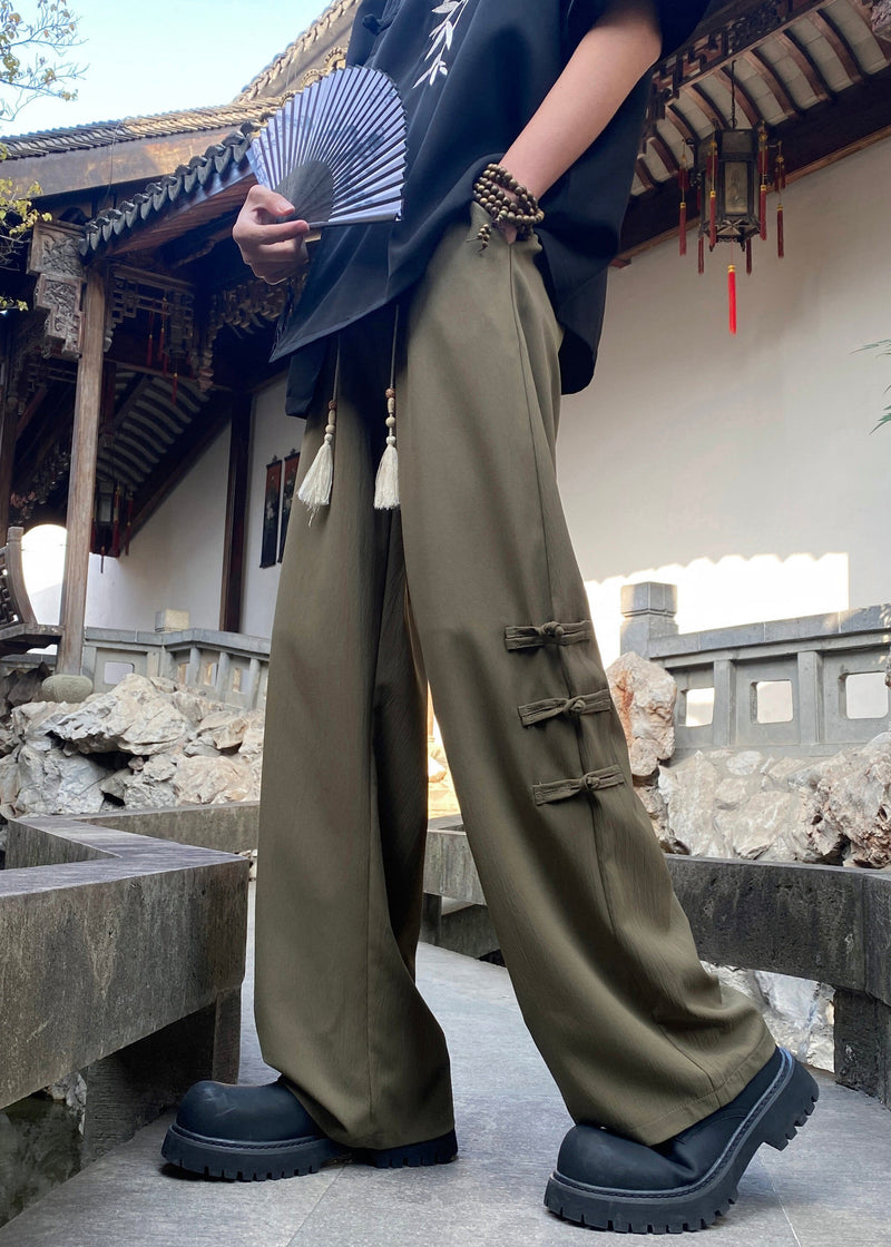 Chinese Style Apricot Button Elastic Waist Ice Silk Pants Spring