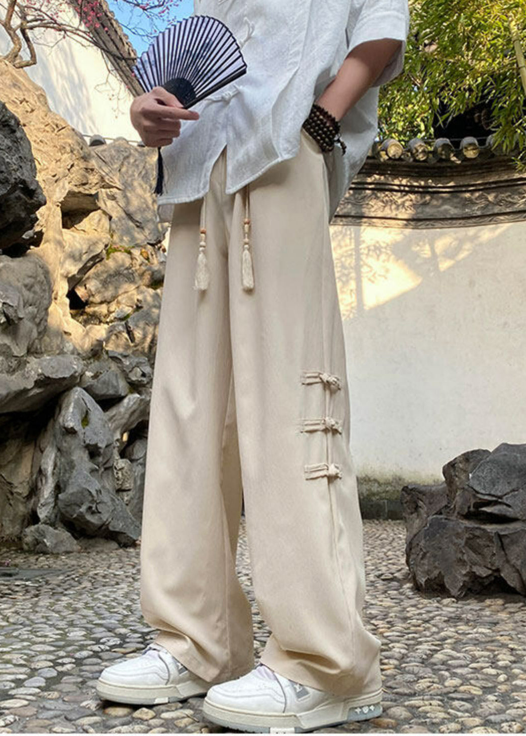 Chinese Style Apricot Button Elastic Waist Ice Silk Pants Spring