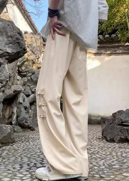 Chinese Style Apricot Button Elastic Waist Ice Silk Pants Spring