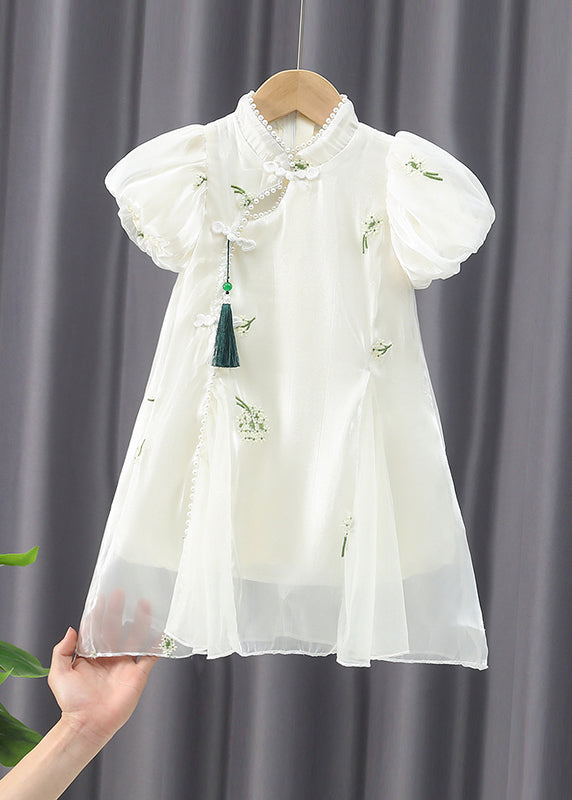 Chinese Style Apricot Embroideried Nail Bead Chiffon Long Dress Summer