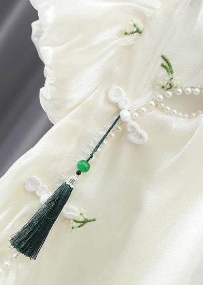 Chinese Style Apricot Embroideried Nail Bead Chiffon Long Dress Summer
