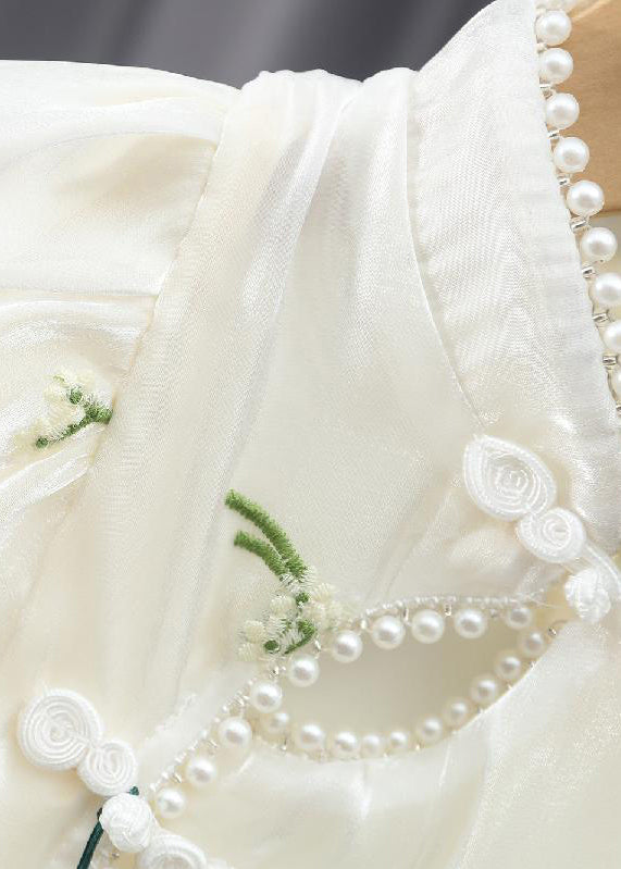 Chinese Style Apricot Embroideried Nail Bead Chiffon Long Dress Summer
