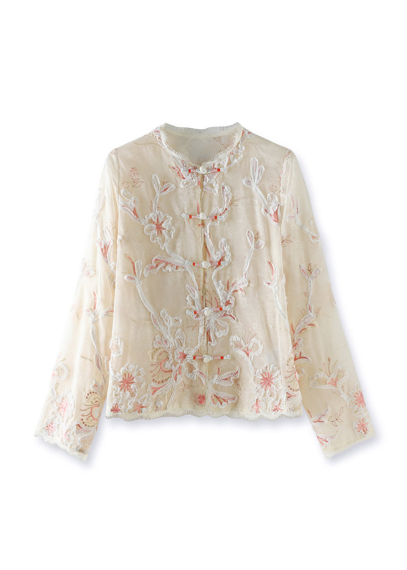 Chinese Style Apricot Lace Embroidered Patchwork Silk Top Spring
