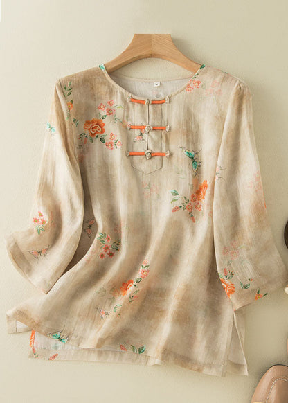 Grace Style Apricot O-neck Print Oriental Button Side Open Linen Shirt Top Bracelet Sleeve