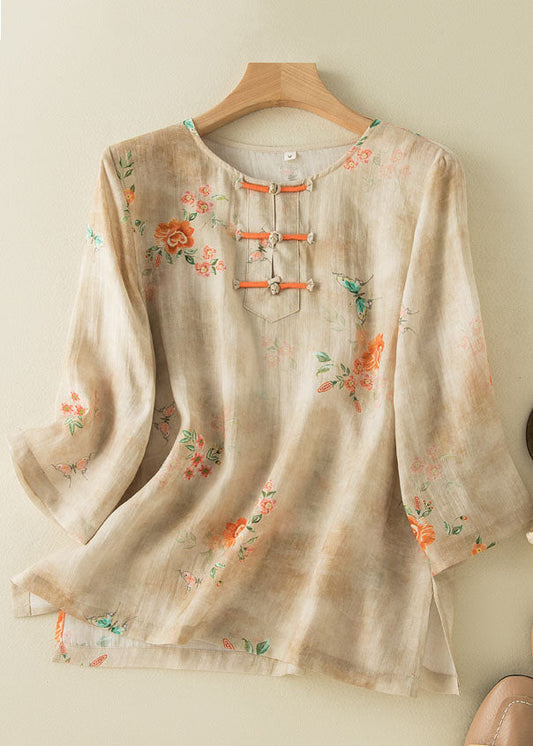 Grace Style Apricot O-neck Print Oriental Button Side Open Linen Shirt Top Bracelet Sleeve