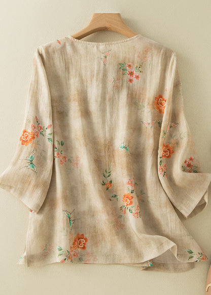 Grace Style Grey Feather O-neck Print Oriental Button Side Open Linen Shirt Top Bracelet Sleeve