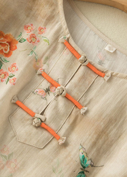 Grace Style Yellow Text O-neck Print Oriental Button Side Open Linen Shirt Top Bracelet Sleeve