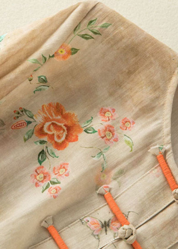 Chinese Style Apricot O-neck Print Oriental Button Side Open Linen Shirt Top Bracelet Sleeve