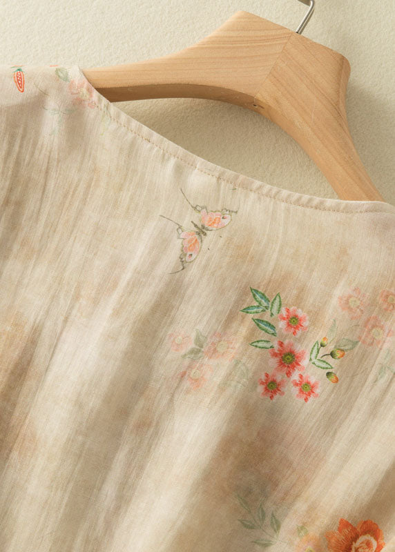 Grace Style Grey Feather O-neck Print Oriental Button Side Open Linen Shirt Top Bracelet Sleeve