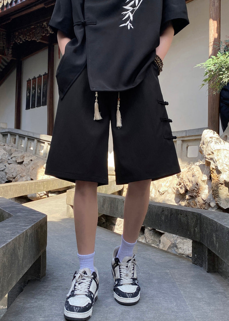 Chinese Style Apricot Oriental Button Cotton Shorts Summer
