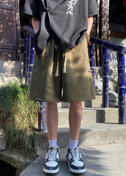 Chinese Style Apricot Oriental Button Cotton Shorts Summer