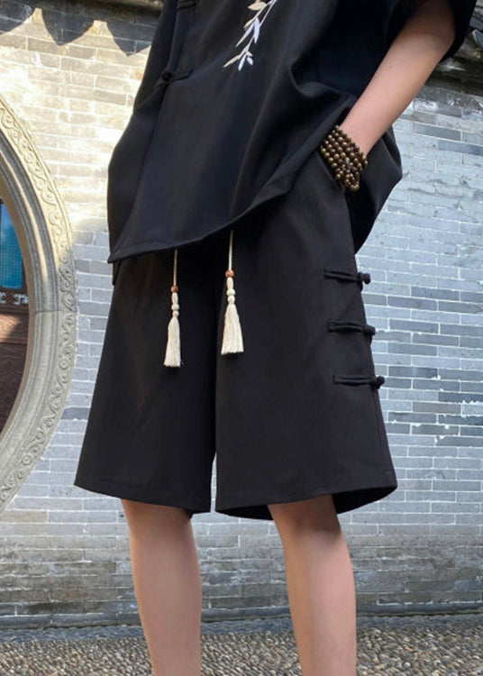 Chinese Style Apricot Oriental Button Cotton Shorts Summer