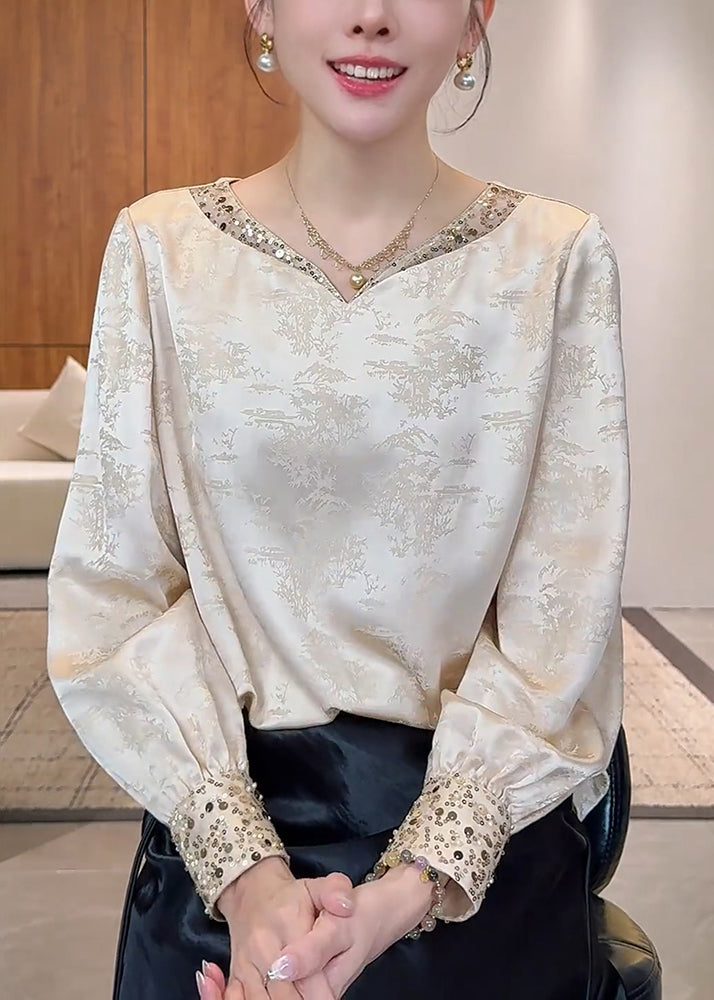 Chinese Style Apricot V Neck Silk Top Spring