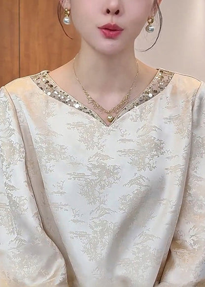 Chinese Style Apricot V Neck Silk Top Spring