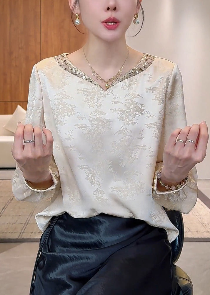 Chinese Style Apricot V Neck Silk Top Spring