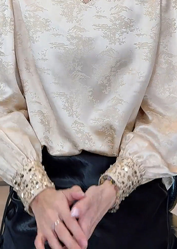 Chinese Style Apricot V Neck Silk Top Spring