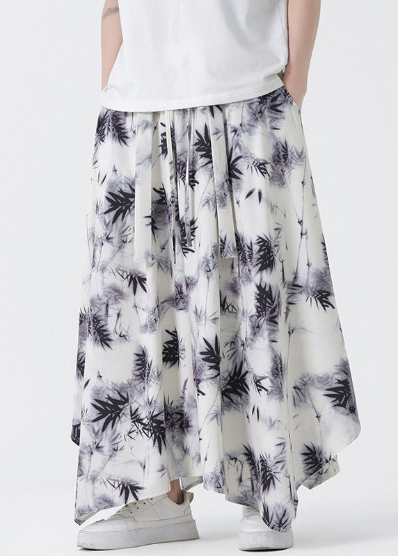 Chinese Style Asymmetrical Pockets Print Silk Pants Summer