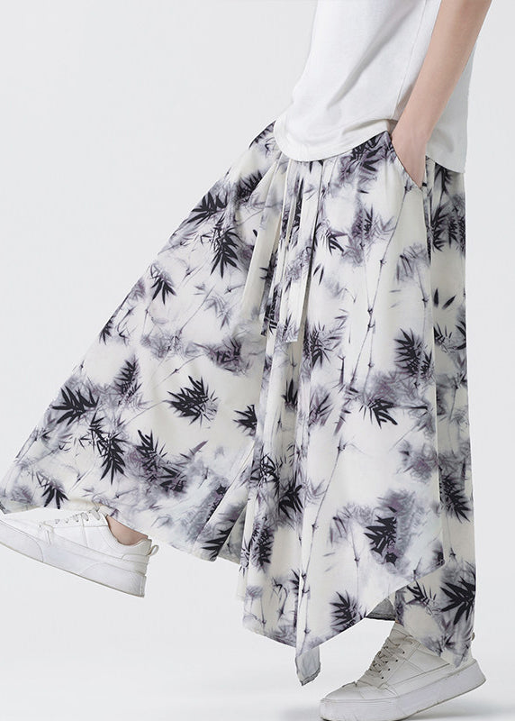 Chinese Style Asymmetrical Pockets Print Silk Pants Summer