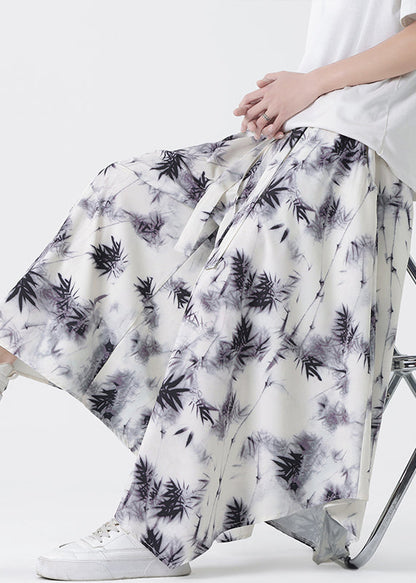 Chinese Style Asymmetrical Pockets Print Silk Pants Summer